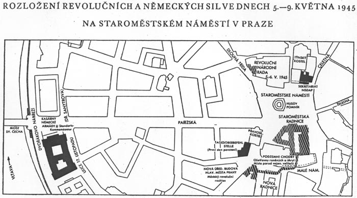 Rozložení revolučních a německých sil ve dnech 5.-9.května 1945 na Staroměstském náměstí v Praze
